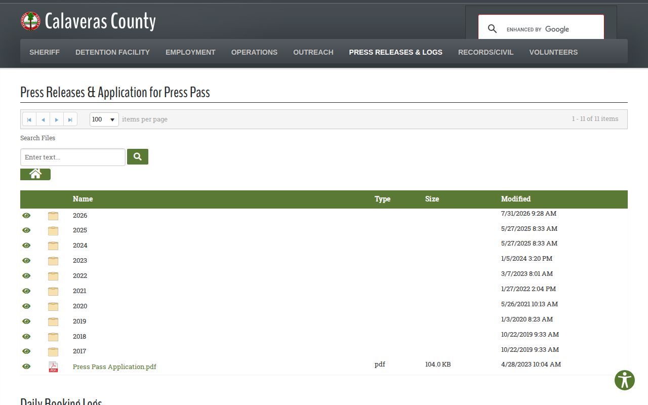 Calaveras booking log archive serving some Alpine County arrests