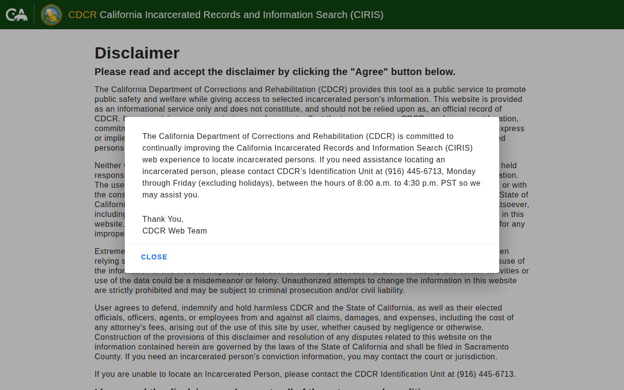 CDCR Alpine County state prisoner record search interface