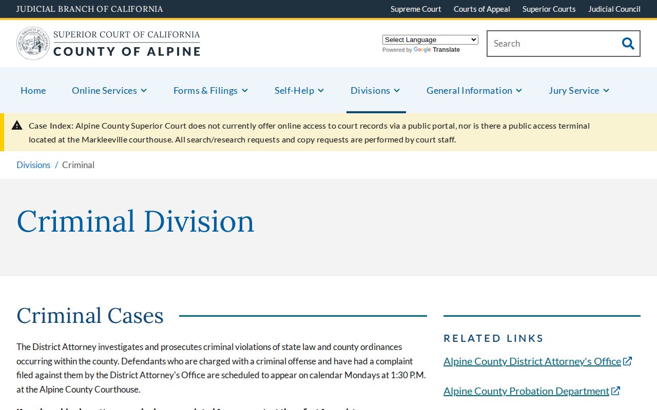 Alpine County court booking appointment and custody directions