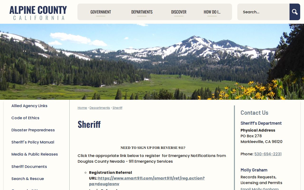 Alpine County Sheriff no-jail and booking record information