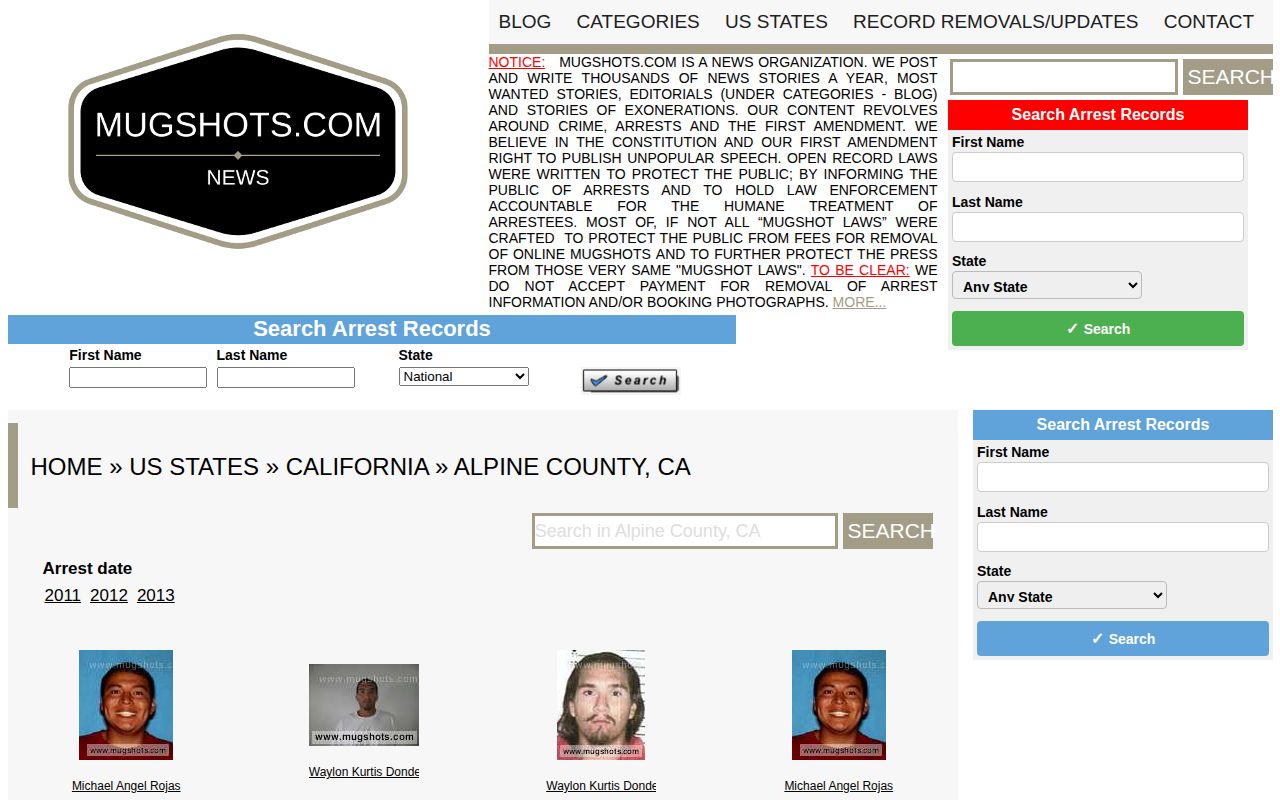 Unofficial stale Alpine County mugshot archive page