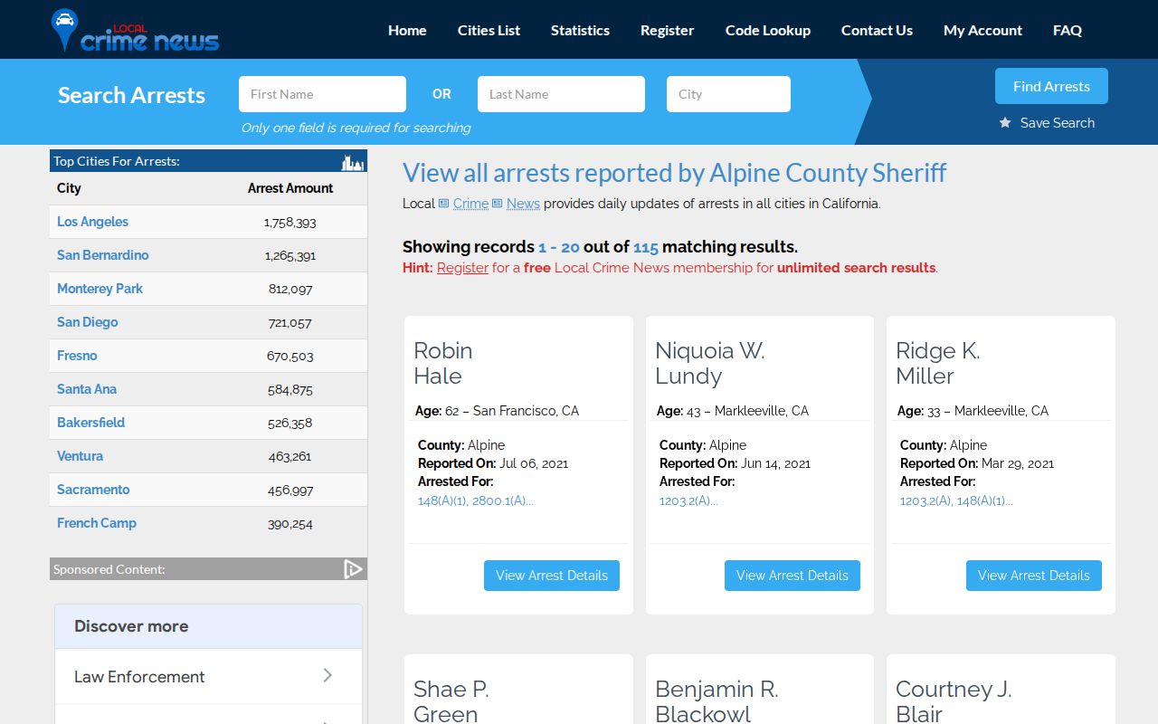 Unofficial stale Alpine County Sheriff arrest-record section