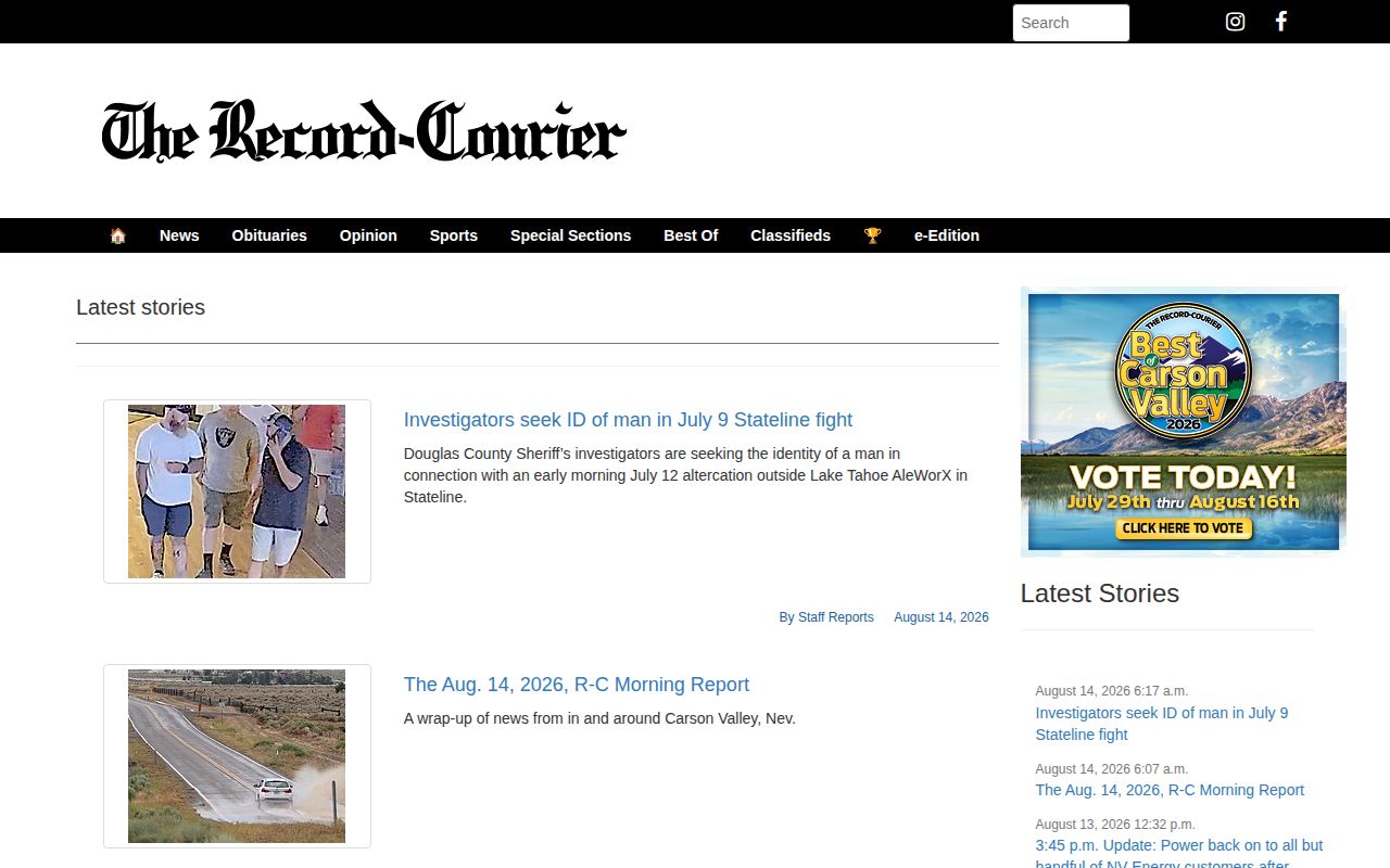 Record-Courier regional news source for Markleeville arrest coverage